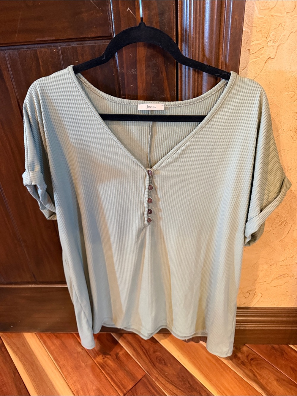 Jodifl Sage Green Ribbed V-Neck Button Short Sleeve Top